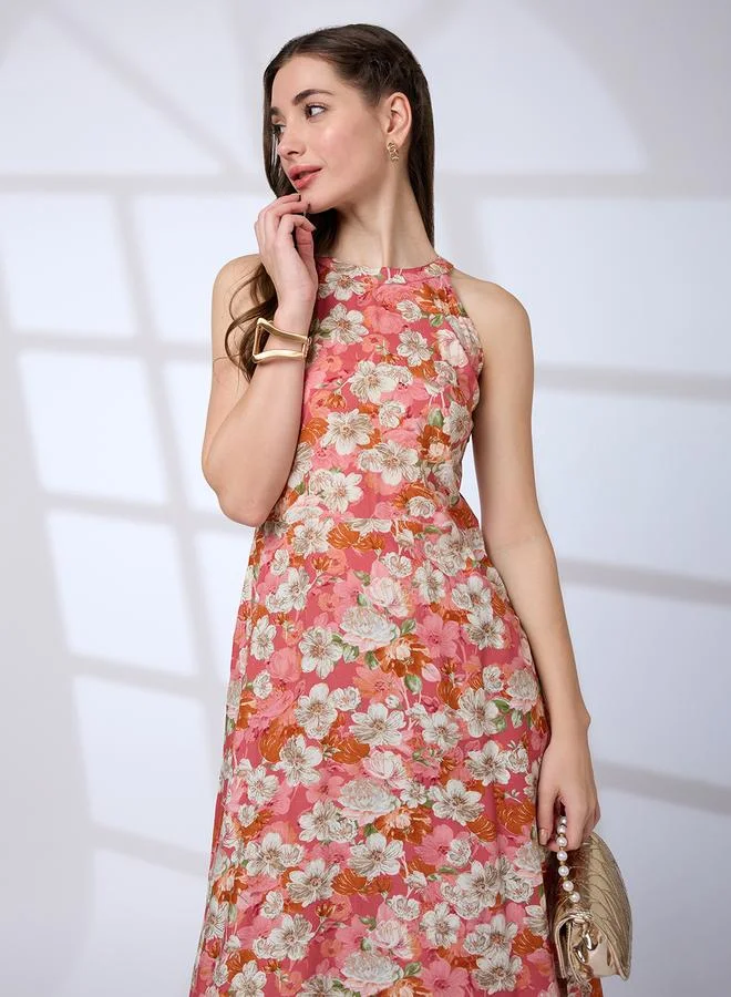 Globus Pink Halter Neck Floral Print A-Line Fusion Kurta for Women | Best Price UAE