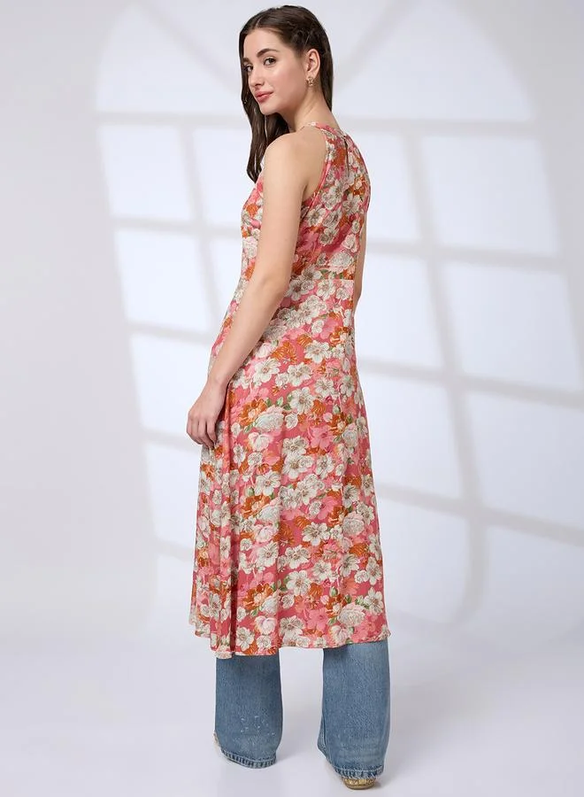 Globus Pink Halter Neck Floral Print A-Line Fusion Kurta for Women | Best Price UAE