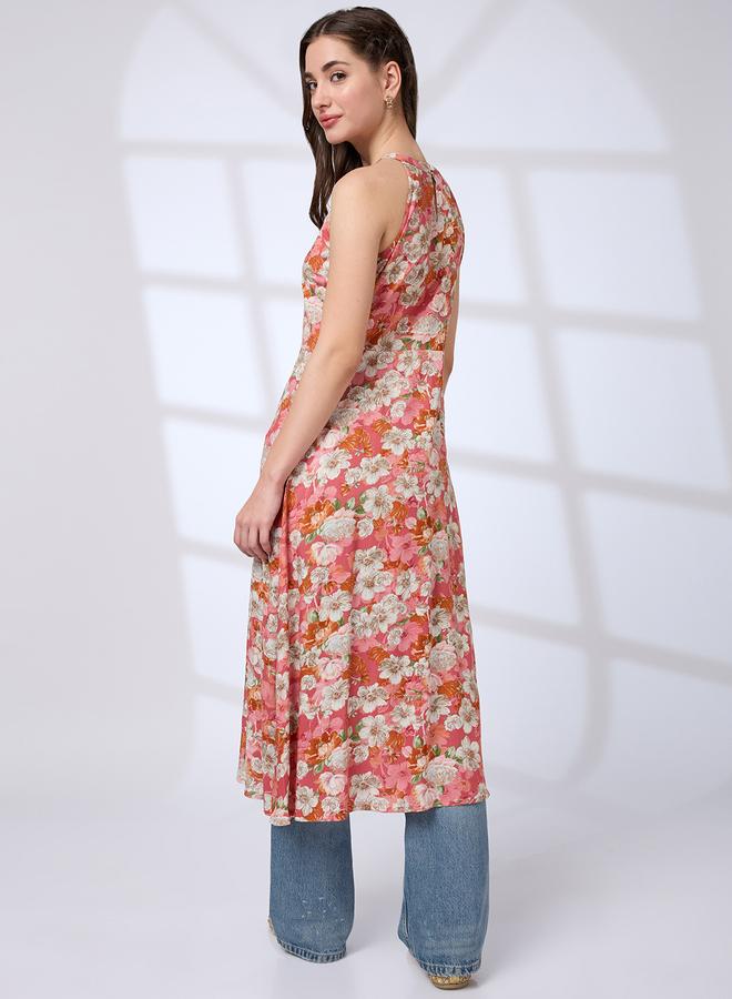 globus Halter Neck Floral Print A-Line Fusion Kurta - Image 3