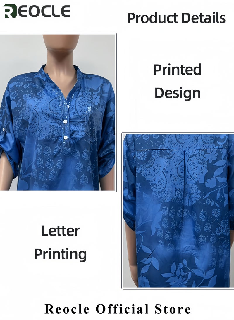 ريوكل توب نسائي بلوزة بولوفر قميص كاجوال متعدد الاستخدامات بلوزة بأكمام طويلة وياقة على شكل V وأزرار نصفية مع طبعة توب بطابع عملي مناسب للعمل والسفر - Image 4