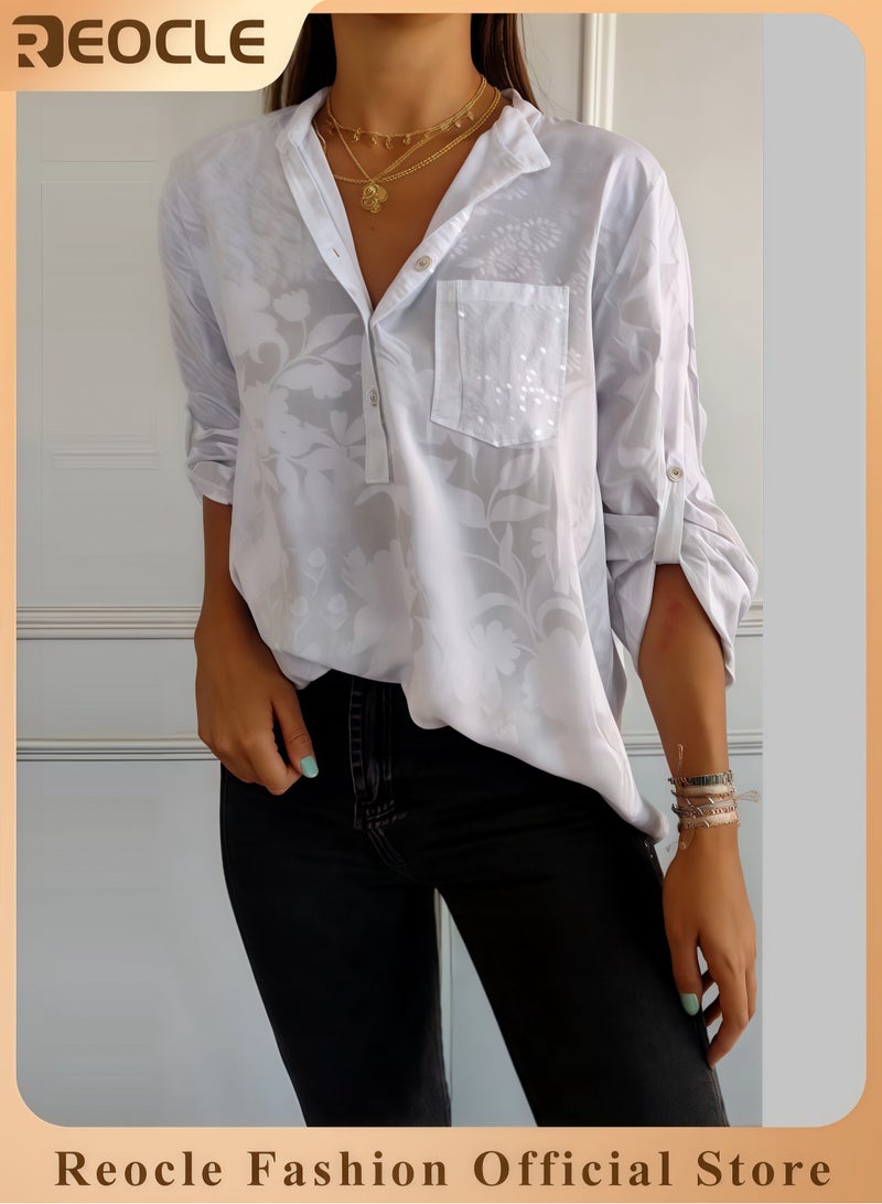 ريوكل توب نسائي بلوزة بولوفر قميص كاجوال متعدد الاستخدامات بلوزة بأكمام طويلة وياقة على شكل V وأزرار نصفية مع طبعة توب بطابع عملي مناسب للعمل والسفر - Image 1