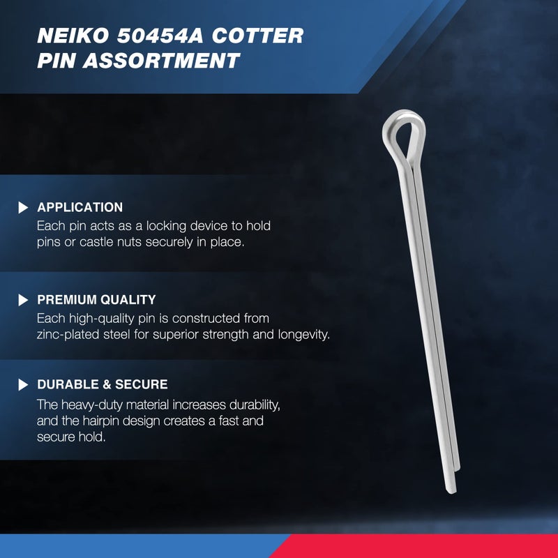NEIKO 50454A Cotter Pin Assortment | 555 Piece | Zinc Plated Premium Quality | Steel Split Pin Fastener Clips | Straight Hairpins | Holds Pins or Castle Nuts in Place - Image 2