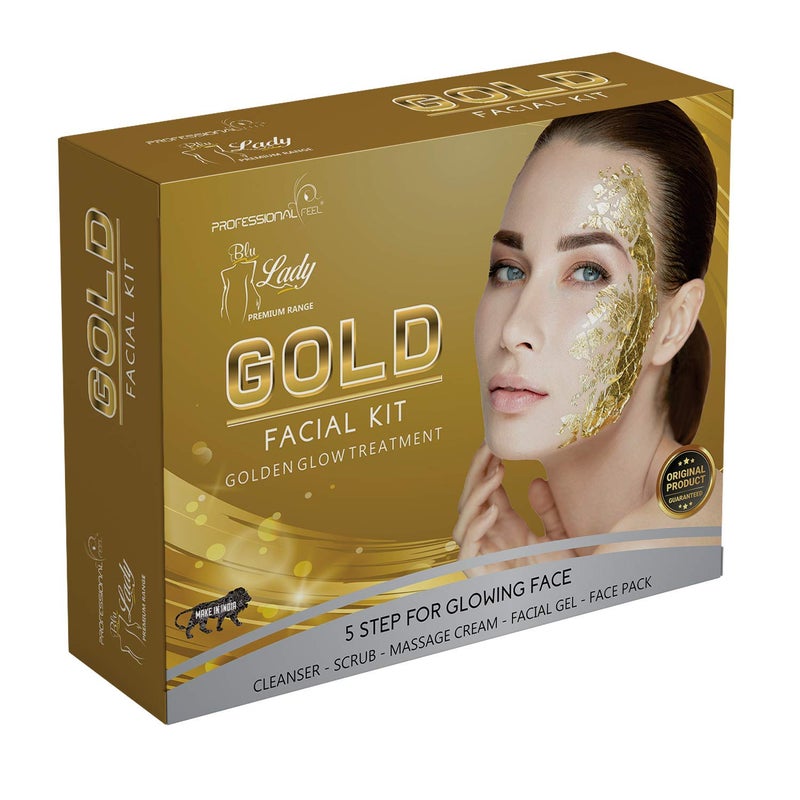 Blu Lady Professional 24K Gold Facial Kit With Face Massager For Facial All Type Skin Fairness Set of 6 275 G - Image 5