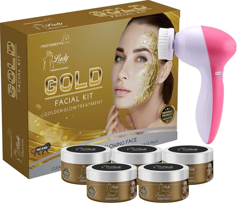 Blu Lady Professional 24K Gold Facial Kit With Face Massager For Facial All Type Skin Fairness Set of 6 275 G - Image 1