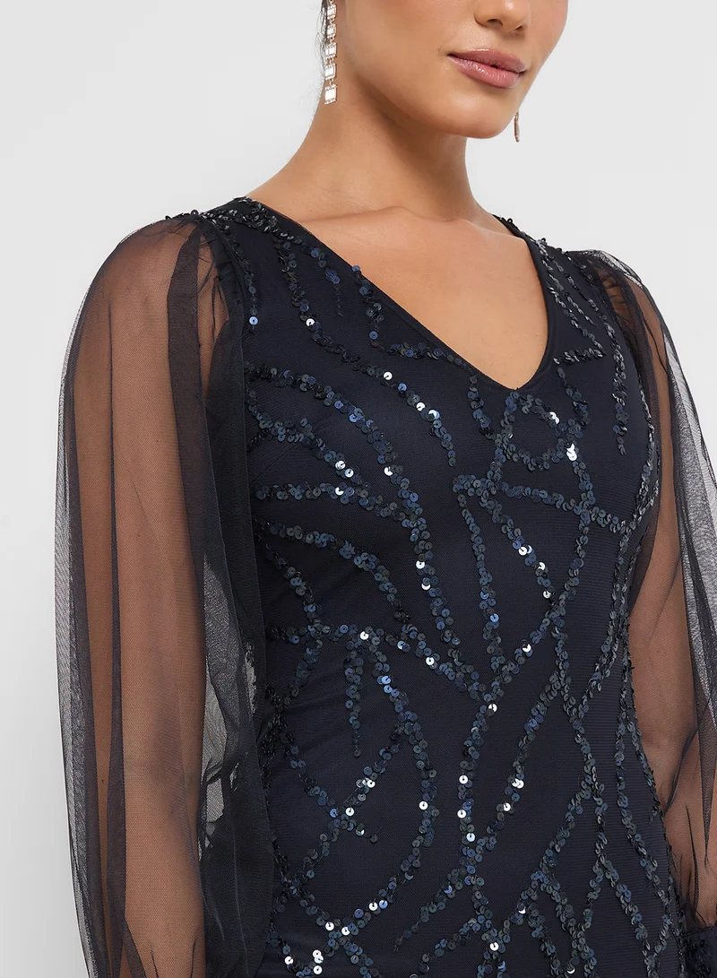 Namshi x Plunge Neck Sequin Embellished Gown