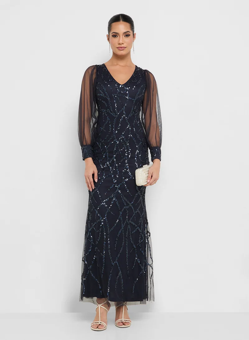 Namshi x Plunge Neck Sequin Embellished Gown