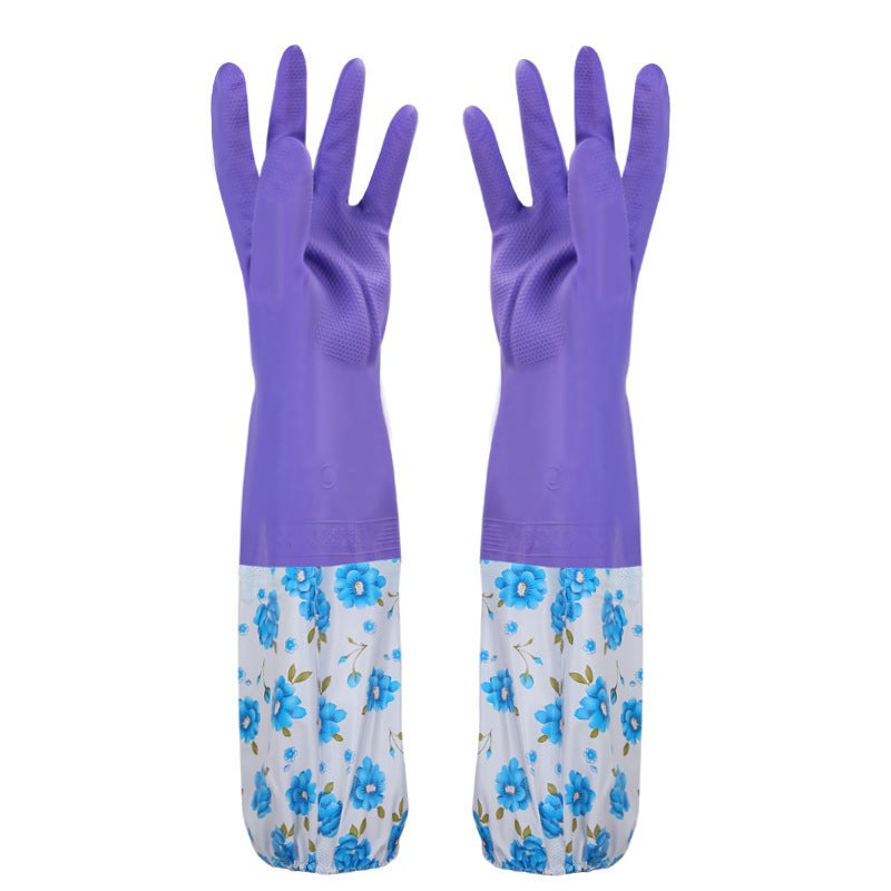Fleece-lined dishwashing gloves winter sleeve thickened rubber kitchen cleaning sanitary household laundry latex warm gloves Purple Purple