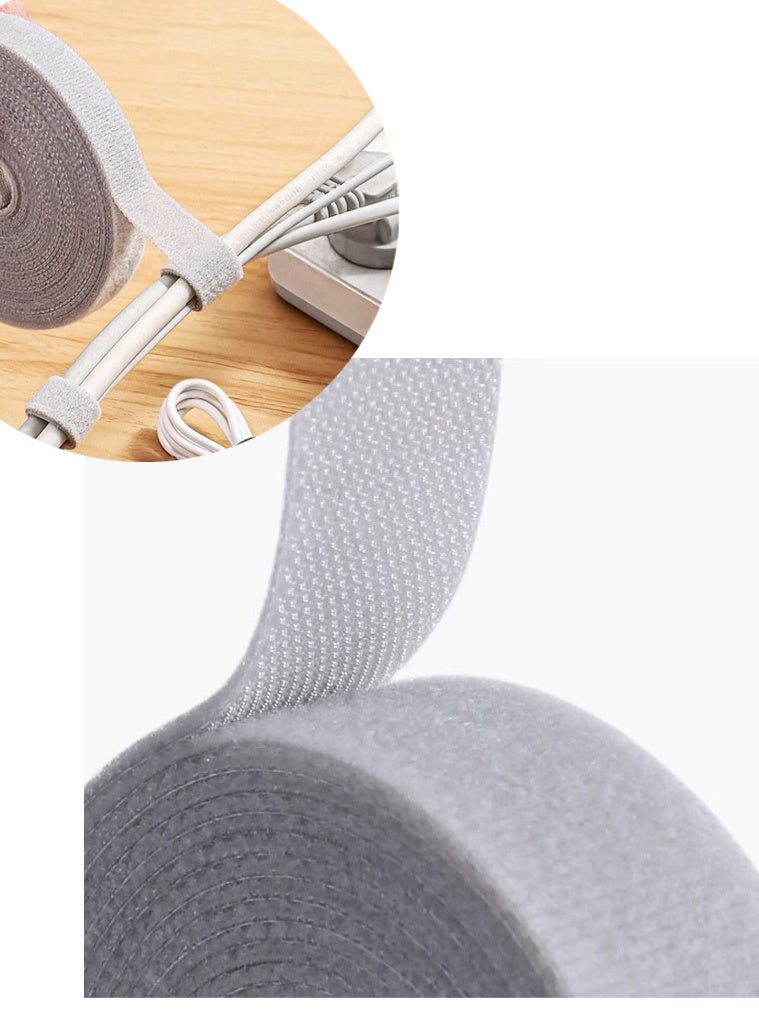 VINSOC Self-Adhesive Magic Cable Ties, 6M x 0.9CM Reusable Hook and Loop Wire Organizer - Cord Management Straps for Desk PC Home Office, Cable Holder Winder with Clips, Grey - Image 1