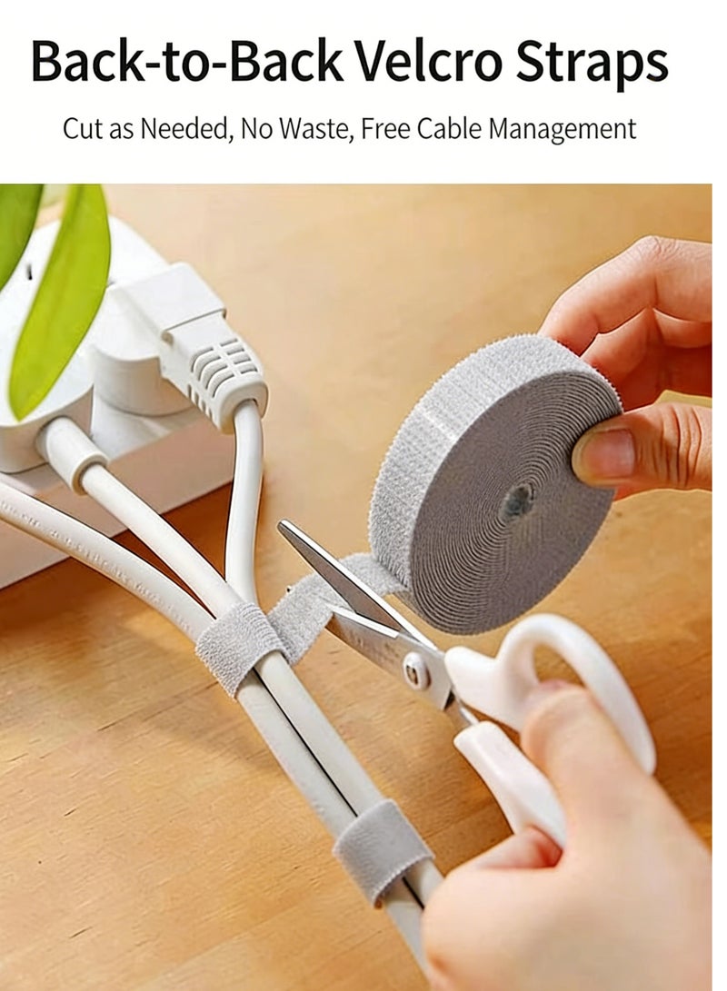 VINSOC Self-Adhesive Magic Cable Ties, 6M x 0.9CM Reusable Hook and Loop Wire Organizer - Cord Management Straps for Desk PC Home Office, Cable Holder Winder with Clips, Grey - Image 4