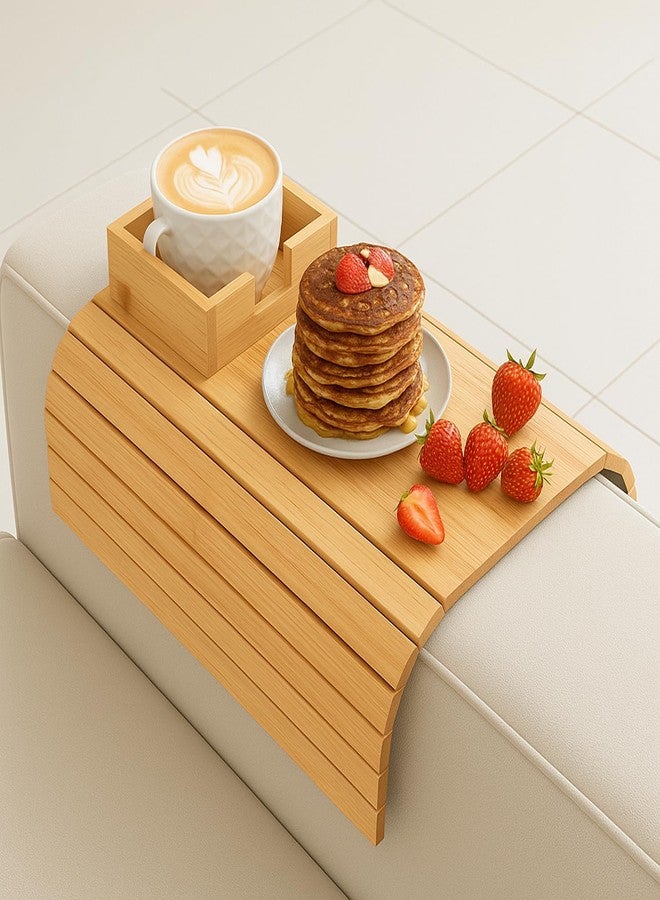Soko Bamboo Sofa Armrest Tray with Cup Holder | Foldable Couch Drink & Snack Tray | Portable Wooden Sofa Arm Cover Organizer for Cups, Mugs, Remote & Mobile - Image 1