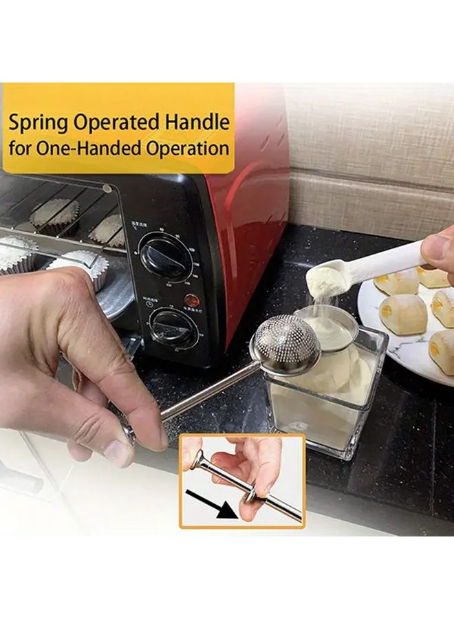 2 Pieces Silver Stainless Steel Flour Sifter With Spring Loaded Handle Durable Mesh Sieve For Baking Sugar And Spice Shaker Essential Kitchen Tool Easy Release Mechanism - Image 5