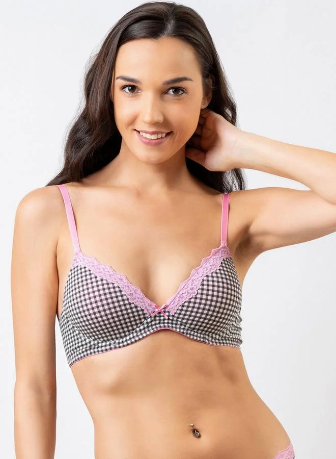 Aadaraya Aadaraya Checked Demi Cup Plunge Bra with Hook and Eye Closure