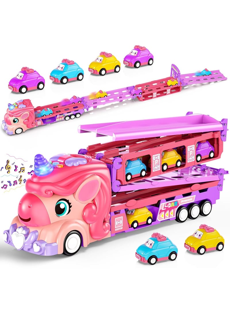 Barakah Girls Unicorn Toy Car Set with 6 Princess Mini Cars & 2-Lane Fold-Out Track with Lights & Sounds, Friction-Powered Race Cars for Toddlers Girls Ages 2-7, Birthday or Holiday Gift - Image 1