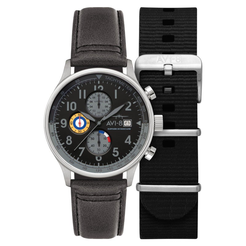 AVI-8 AVI8 Mens 435mm Hawker Hurricane Classic Chronograph Grey Black Watch with Leather Strap AV40110U - Image 2