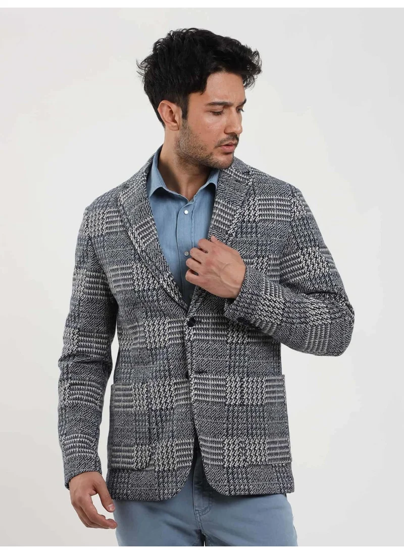 Dufy Navy Blue Men's Slim Fit Jacquard Casual Mono Collar Jacket - 97191