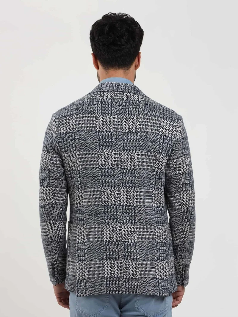 دوفي Navy Blue Men's Slim Fit Jacquard Casual Mono Collar Jacket - 97191