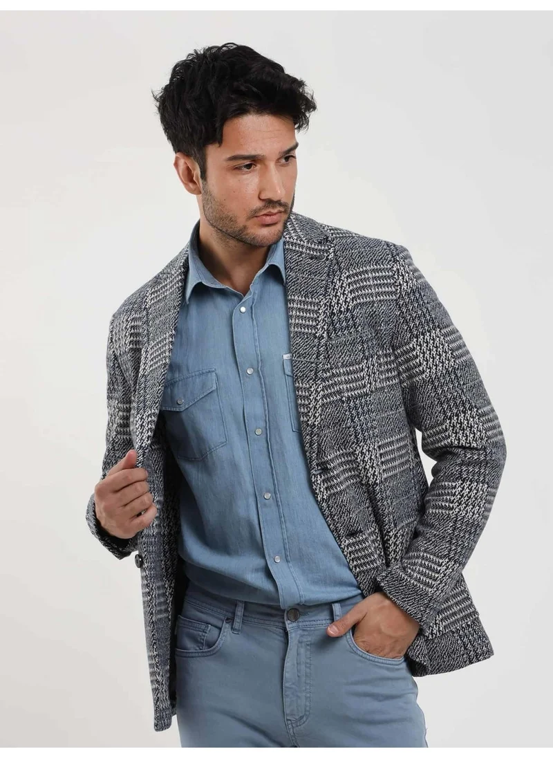 Dufy Navy Blue Men's Slim Fit Jacquard Casual Mono Collar Jacket - 97191