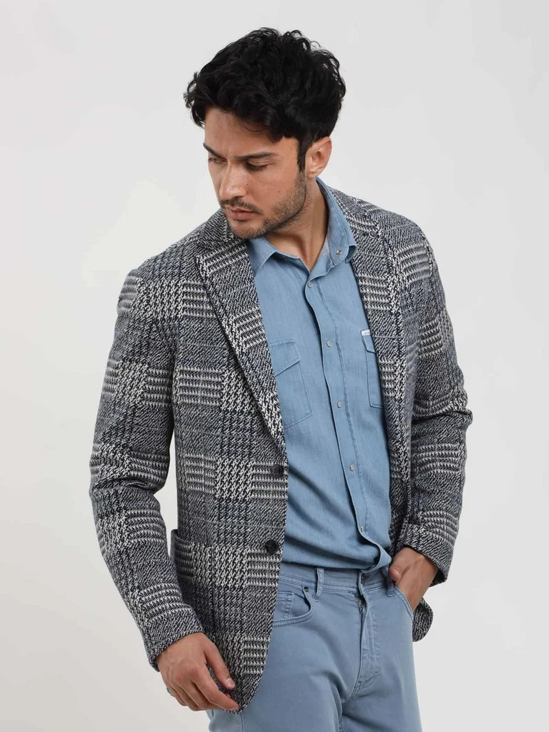 دوفي Navy Blue Men's Slim Fit Jacquard Casual Mono Collar Jacket - 97191