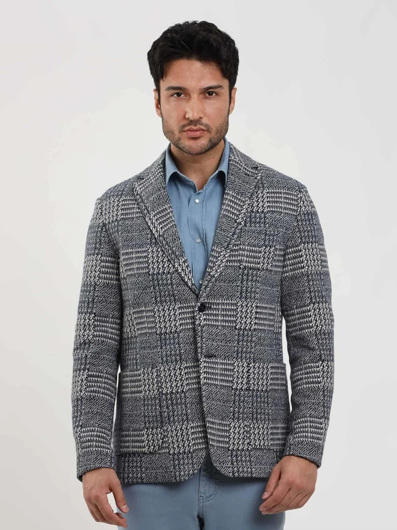 دوفي Navy Blue Men's Slim Fit Jacquard Casual Mono Collar Jacket - 97191