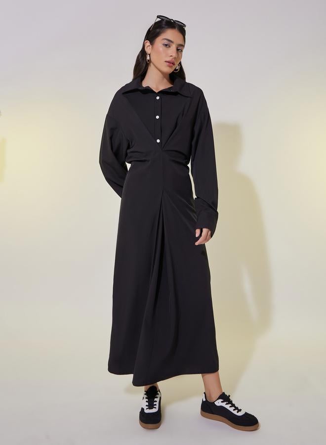 Styli Styli Solid V-Neck Buttoned Shirt Maxi Dress  - Image 1