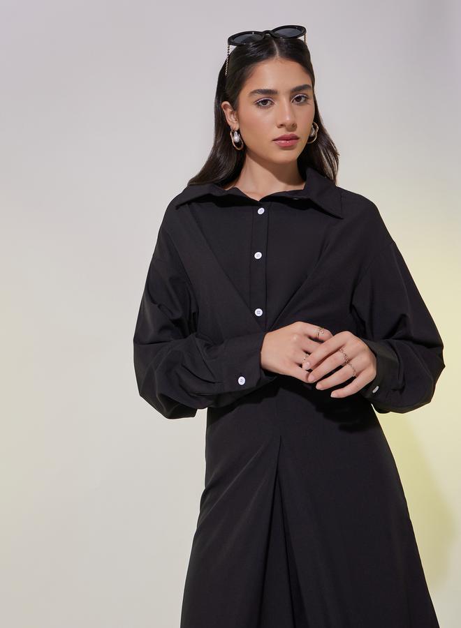Styli Styli Solid V-Neck Buttoned Shirt Maxi Dress  - Image 2