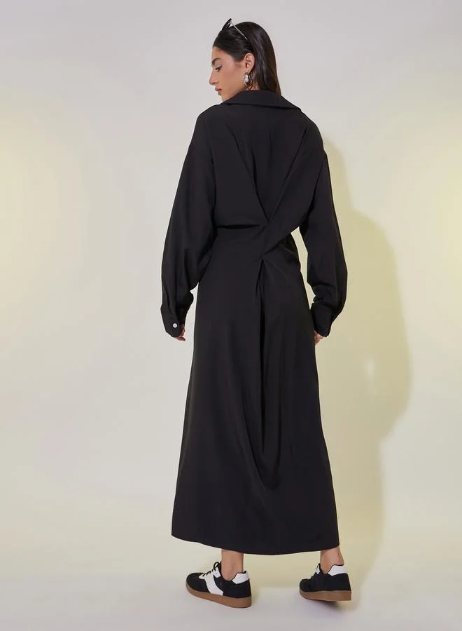 Styli Styli Solid V-Neck Buttoned Shirt Maxi Dress