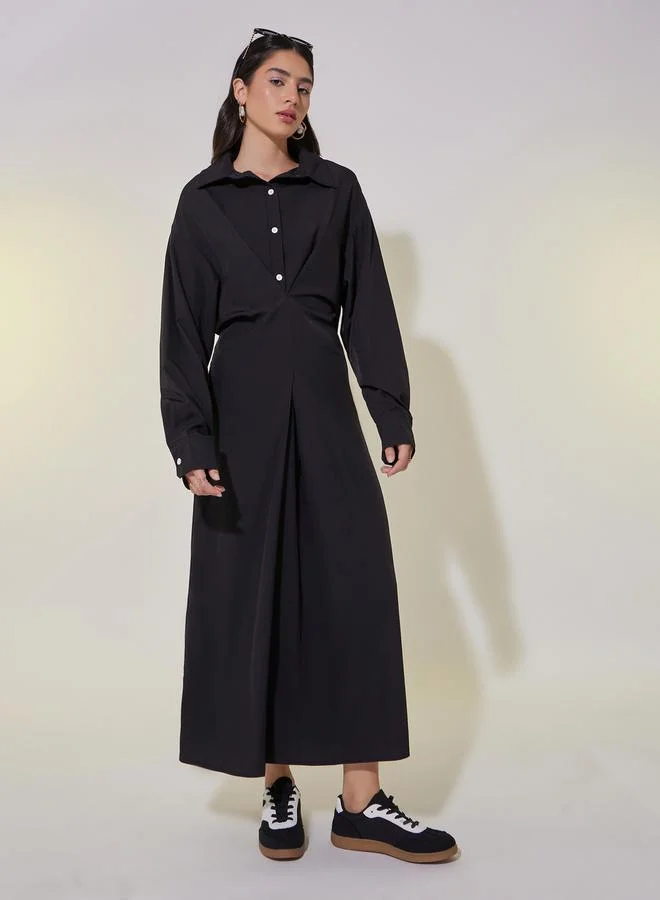 Styli Styli Solid V-Neck Buttoned Shirt Maxi Dress