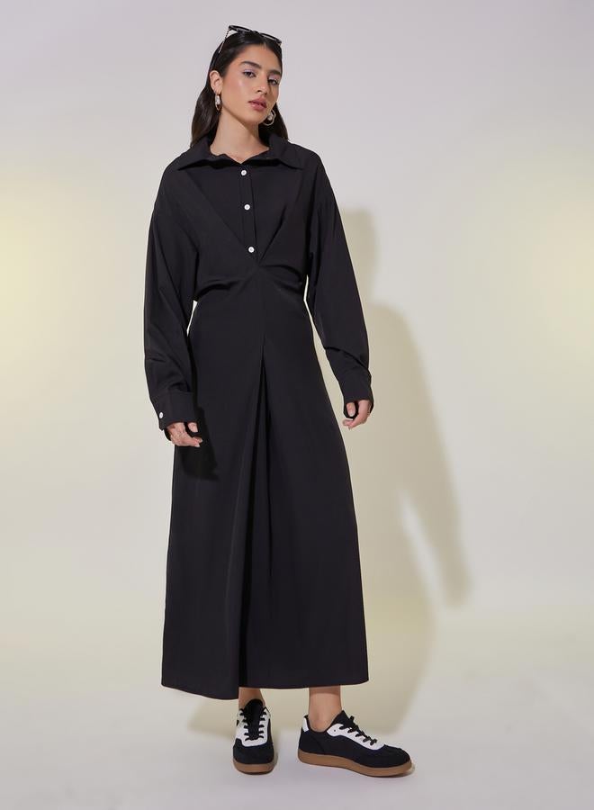 Styli Styli Solid V-Neck Buttoned Shirt Maxi Dress  - Image 3