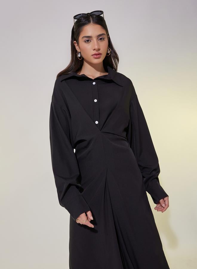 Styli Styli Solid V-Neck Buttoned Shirt Maxi Dress  - Image 4