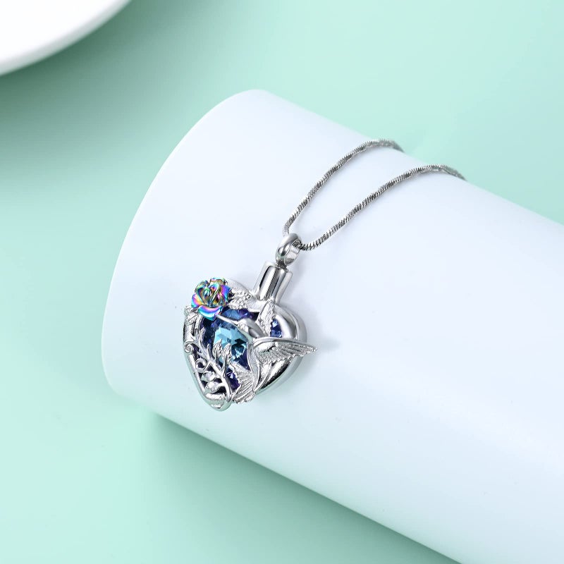 Yinplsmemory Hummingbird Cremation Jewelry Crystal Heart Urn Ashes Necklace for Women Men Memorial Keepsake Necklace of Loved One - Image 3