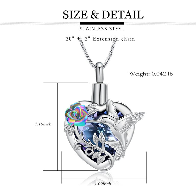 Yinplsmemory Hummingbird Cremation Jewelry Crystal Heart Urn Ashes Necklace for Women Men Memorial Keepsake Necklace of Loved One - Image 2