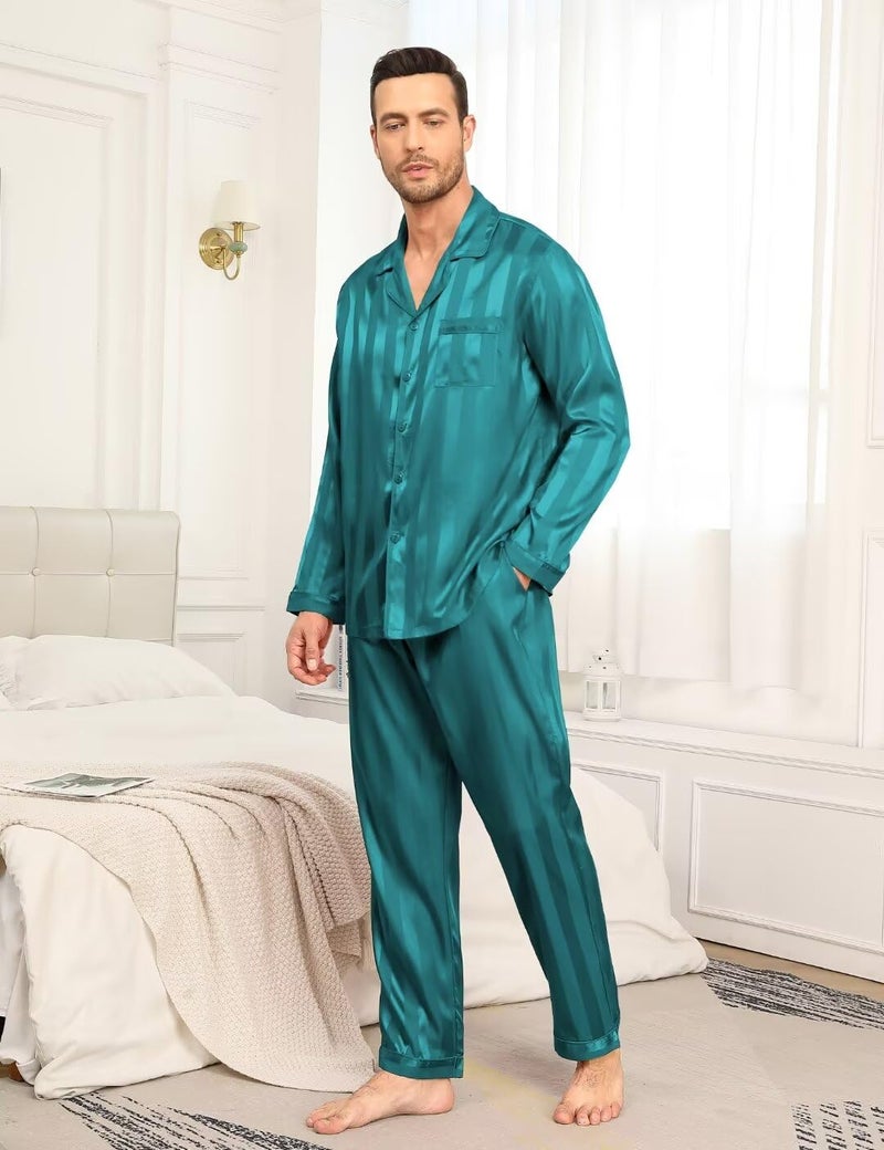 YOZLY Couple Matching Pajamas Set Satin Button Down Silky Sleepwear Long Sleeve Loungewear 2 Pcs Pj Set S-2XL with Pockets Men Green Stripe Small - Image 2