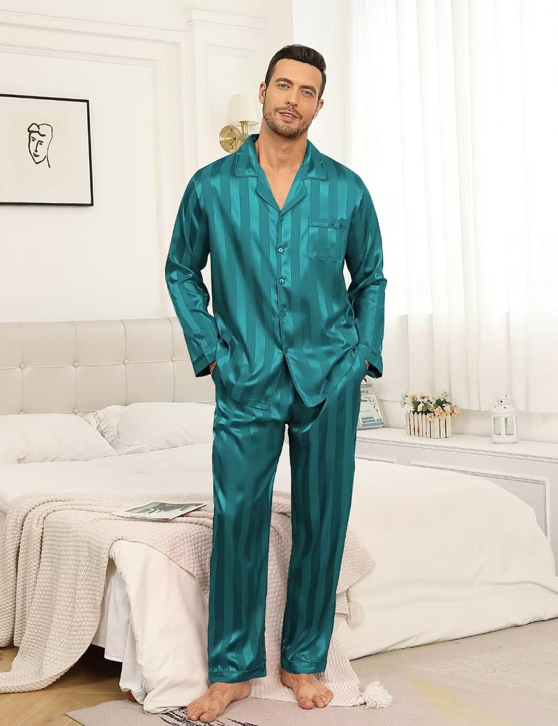 YOZLY Couple Matching Pajamas Set Satin Button Down Silky Sleepwear Long Sleeve Loungewear 2 Pcs Pj Set S-2XL with Pockets Men Green Stripe Small - Image 3