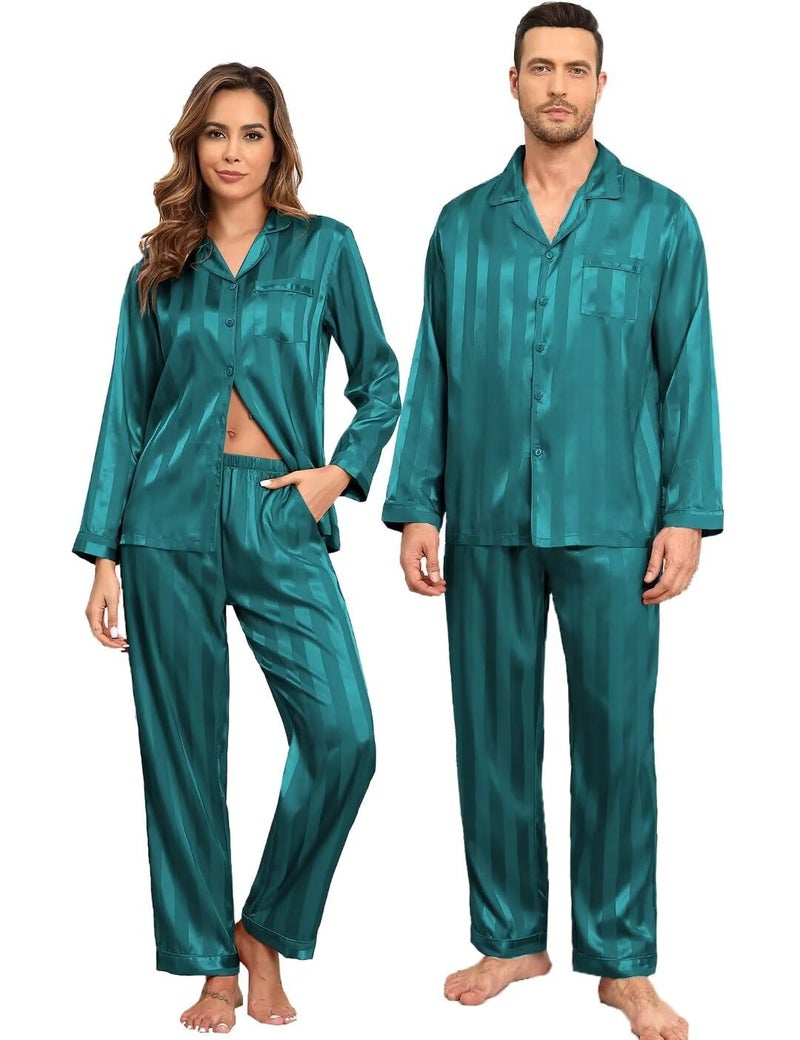YOZLY Couple Matching Pajamas Set Satin Button Down Silky Sleepwear Long Sleeve Loungewear 2 Pcs Pj Set S-2XL with Pockets Men Green Stripe Small - Image 1