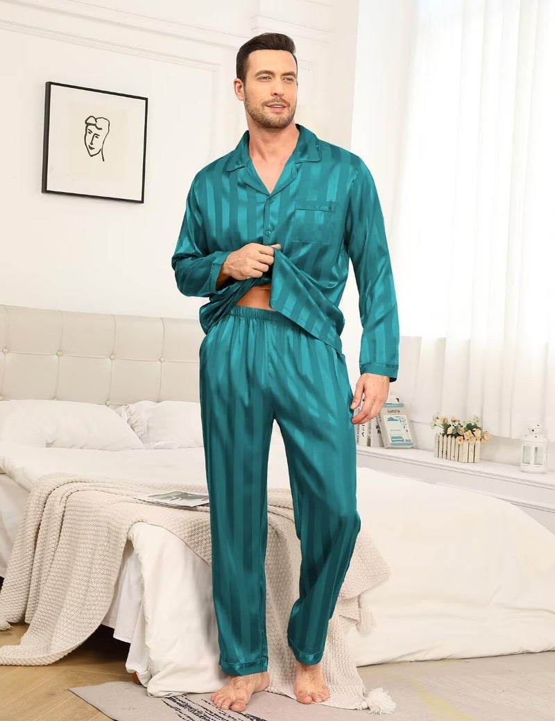 YOZLY Couple Matching Pajamas Set Satin Button Down Silky Sleepwear Long Sleeve Loungewear 2 Pcs Pj Set S-2XL with Pockets Men Green Stripe Small - Image 4