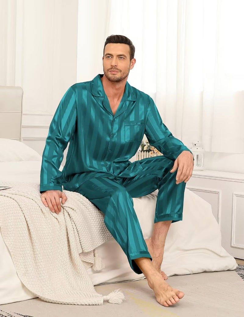 YOZLY Couple Matching Pajamas Set Satin Button Down Silky Sleepwear Long Sleeve Loungewear 2 Pcs Pj Set S-2XL with Pockets Men Green Stripe Small - Image 5
