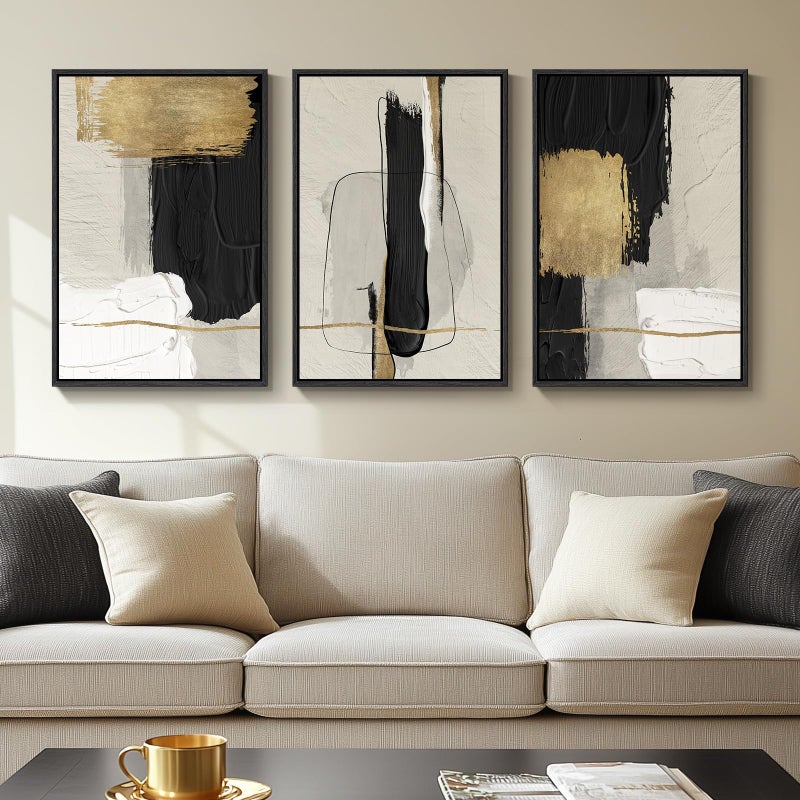 Cuspin Framed Black and White Abstract Wall Art, 3 Piece Canvas Prints Paintings Artwork for Walls, Modern Minimalist Gold Beige Block Pictures for Living Room Hallway Office Wall Decor 16x24 Inch - Image 1