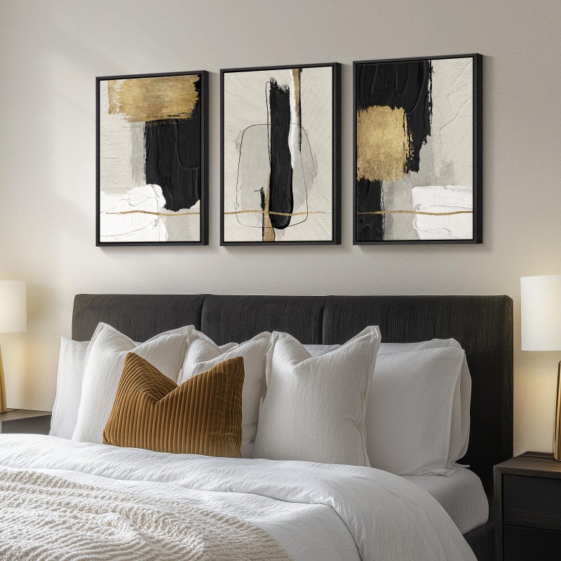 Cuspin Framed Black and White Abstract Wall Art, 3 Piece Canvas Prints Paintings Artwork for Walls, Modern Minimalist Gold Beige Block Pictures for Living Room Hallway Office Wall Decor 16x24 Inch - Image 2