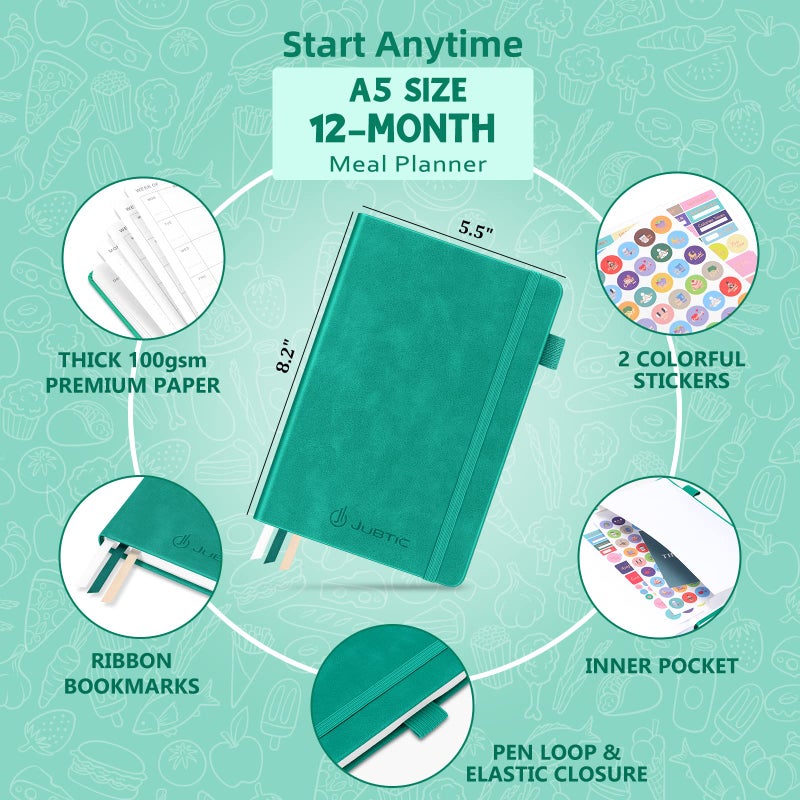 JUBTIC Meal Planner Notebook, Weekly & Daily Meal Prep Journal with Shopping and Grocery Lists for Food Planning Menu Planning Healthy Diet and Habits Tracker, Last 1 Year,Undated, A5, Green - Image 2