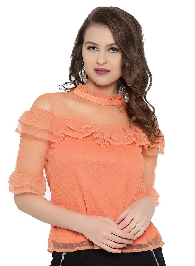 رير بلوزة نسائية نادرة سادة بقصة عادية (EP2050A-M_Orange M) - Image 1