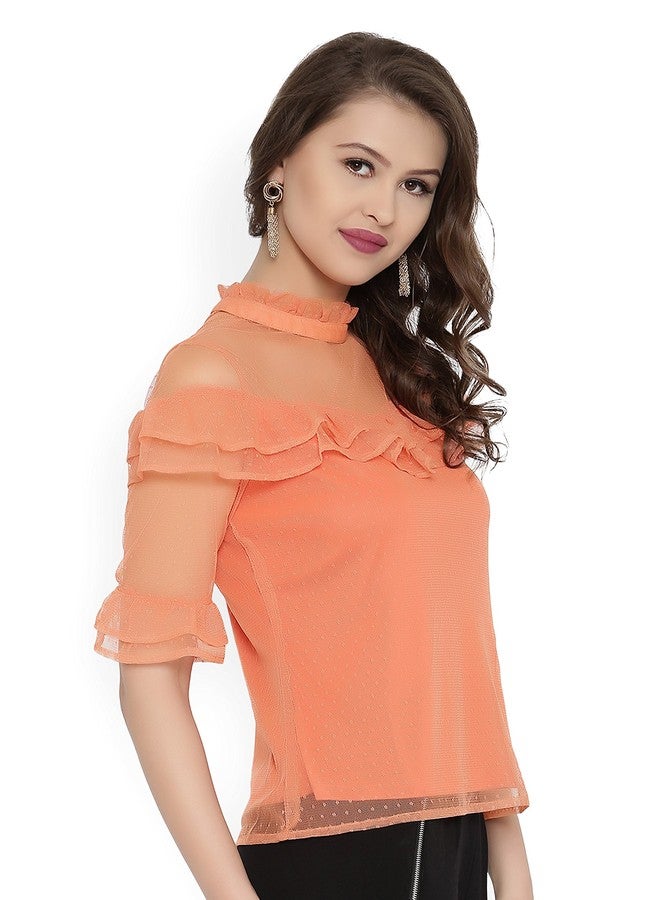 رير بلوزة نسائية نادرة سادة بقصة عادية (EP2050A-M_Orange M) - Image 3