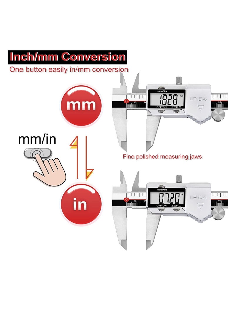 فرجار رقمي ، أداة قياس الفرجار الإلكترونية IP54 ، ميكرومتر من الفولاذ المقاوم للصدأ مقاس 6 بوصات / 150 مم ، أداة قياس مسطرة الورنية مع شاشة LCD - Image 4