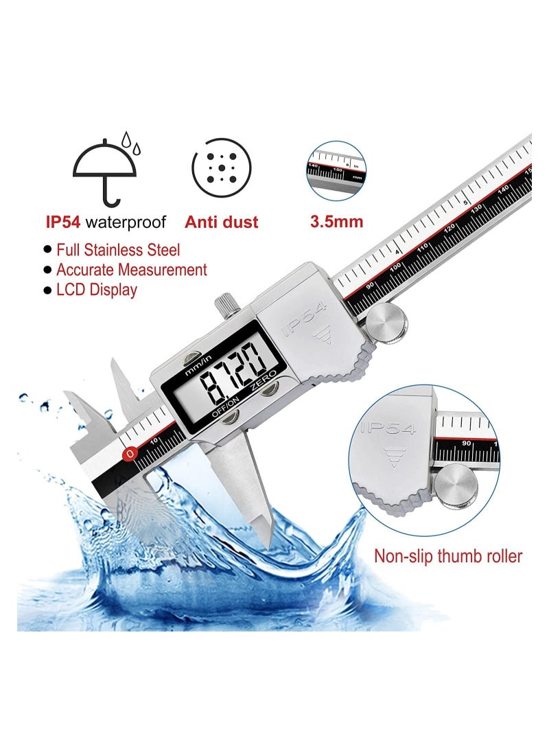 فرجار رقمي ، أداة قياس الفرجار الإلكترونية IP54 ، ميكرومتر من الفولاذ المقاوم للصدأ مقاس 6 بوصات / 150 مم ، أداة قياس مسطرة الورنية مع شاشة LCD - Image 3