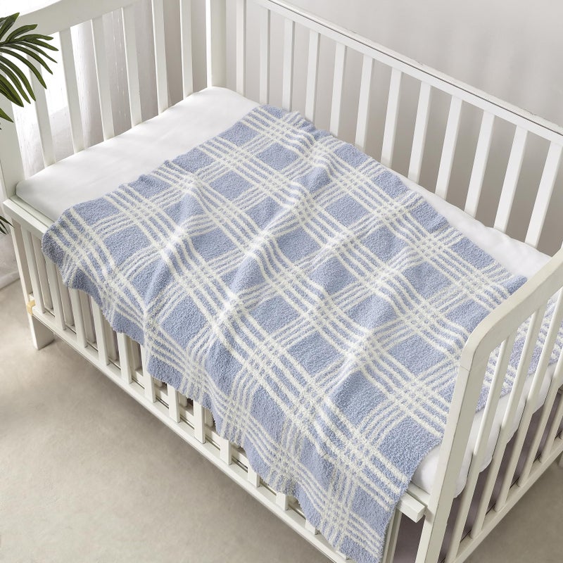 CREVENT 30"X40" Cozy Soft Warm Knitted Baby Blanket for Girls Boys, Newborn Essentials for Infant, Baby Shower Receiving Gift - Line Checked Blue 75X100cm - Image 4