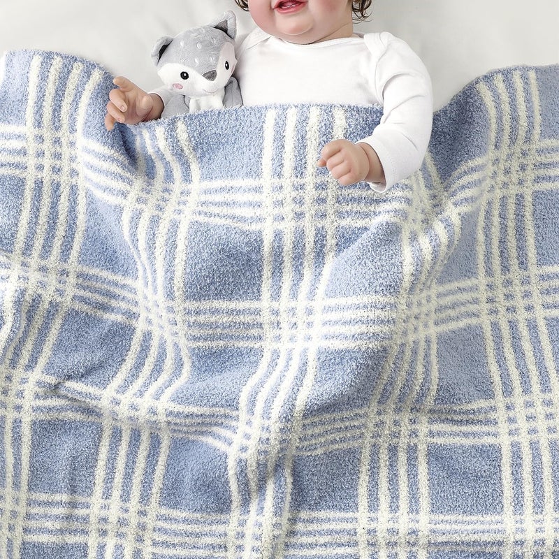 CREVENT 30"X40" Cozy Soft Warm Knitted Baby Blanket for Girls Boys, Newborn Essentials for Infant, Baby Shower Receiving Gift - Line Checked Blue 75X100cm - Image 3