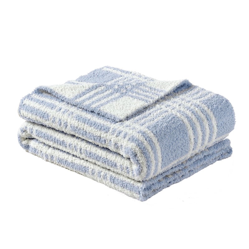 CREVENT 30"X40" Cozy Soft Warm Knitted Baby Blanket for Girls Boys, Newborn Essentials for Infant, Baby Shower Receiving Gift - Line Checked Blue 75X100cm - Image 1