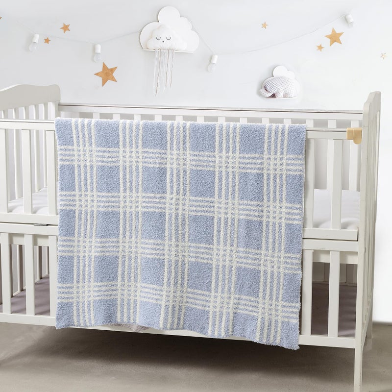 CREVENT 30"X40" Cozy Soft Warm Knitted Baby Blanket for Girls Boys, Newborn Essentials for Infant, Baby Shower Receiving Gift - Line Checked Blue 75X100cm - Image 2