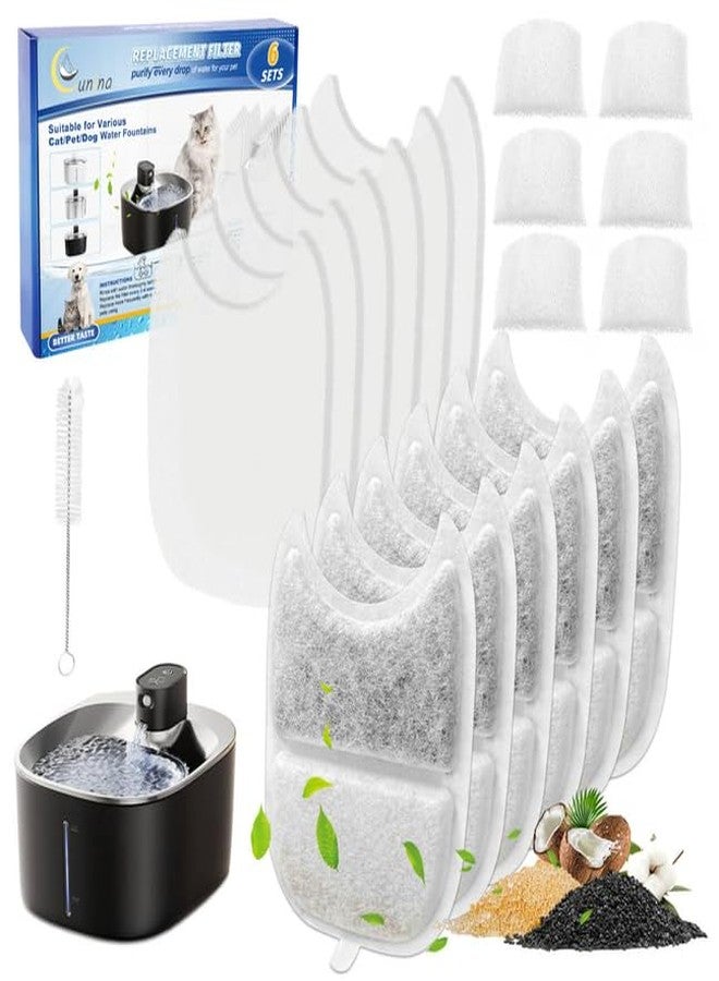 Cunina 6 Set Cat Water Fountain Filters & Sponges for 135 fl oz/4L Wilreless Cats Drinking Water Fountain, Cat Fountain Pump Replacement, YPD-C004P YPD-C004S Pet Fountain Replacement Filter - Image 1