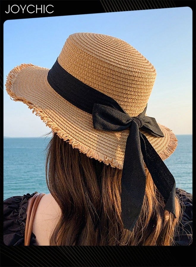 Joychic Women Wide Brim Straw Hat Chin Strap Straw Beach Hat Sun Hat Foldable Summer Hat Uv Hat - Image 1