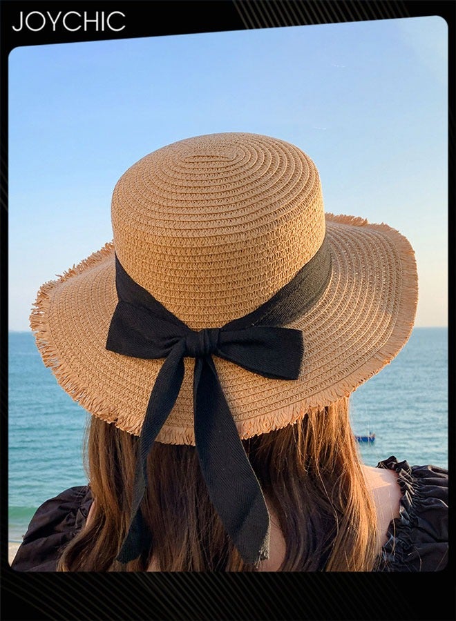 Joychic Women Wide Brim Straw Hat Chin Strap Straw Beach Hat Sun Hat Foldable Summer Hat Uv Hat - Image 2